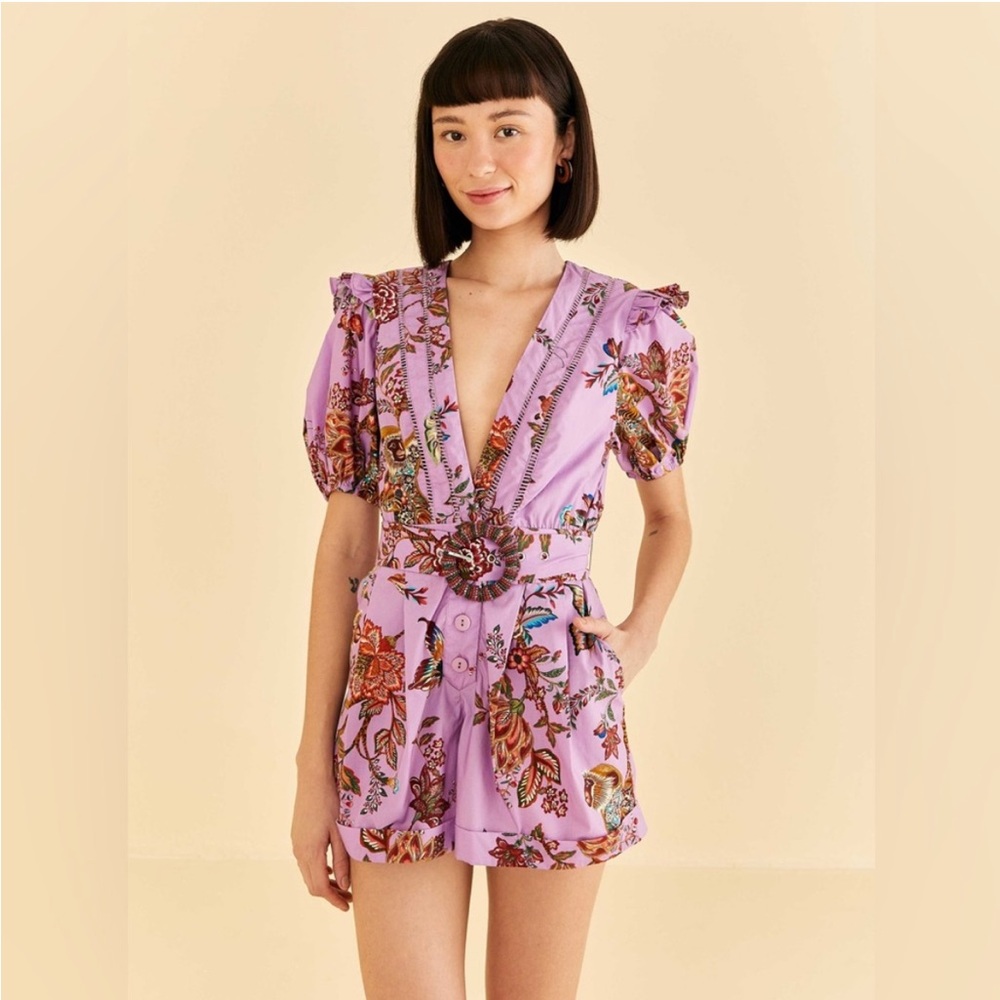 Farm Rio Monkey Floral Puff Sleeve V Neck belted Romper * XL